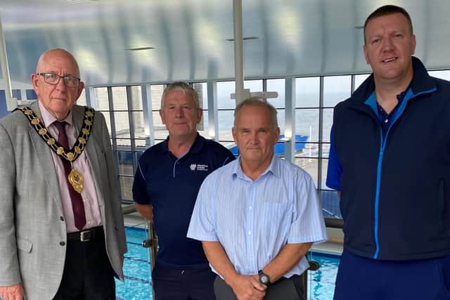 The Mayor of Mid and East Antrim Council, Councillor Jackson Minford meets the management team at Larne Leisure Centre (L-R)  David Taylor, duty manager; Kevin Thomas, centre manager and William Glover, duty manager. Photo provided by Mid and East Antrim Borough Council.