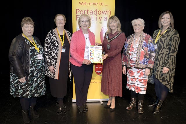 Pictured at the opening of the 2024 Portadown Speech Festival are from left, Karen Hoy, Speech secretary; Diane Kane, Festival Association chairperson; Julie McLoughlin, adjudicator; Lord Mayor of ABC Council, Alderman Margaret Tinsley; Patricia Milligan, adjudicator, and Vanessa Coulter, assistant Speech secretary. PT08-202.