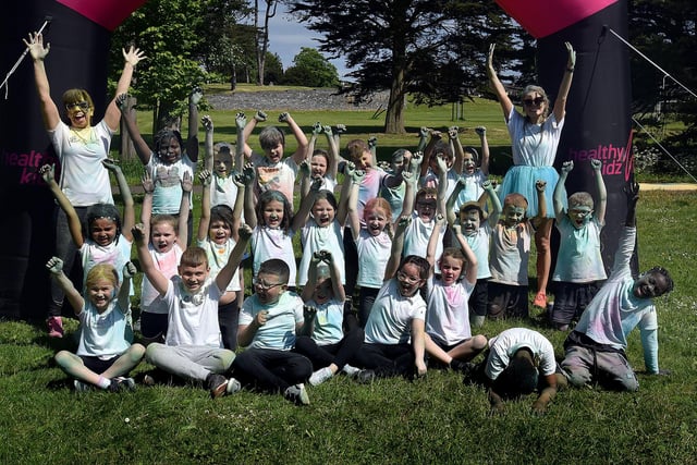 One of the class groups from Ballyoran Primary School who enjoyed a great day at the school colour run in Portadown People's Park. PT21-214.