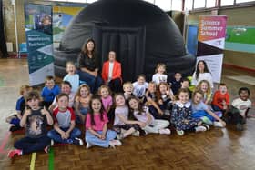 Local storyteller, Vicky McFarland with Christine Barnhill, MEABC Economic Development Officer and pupils from Whitehead Primary School.  Photo: Mid and East Antrim Borough Council