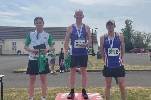 The podium at the Washing Green Bay HM - John McGarrity (unaffiliated). Christopher McNickle (Springwell RC), Michael McLernon (Jog Lisburn)