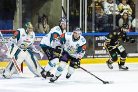 Belfast Giants’ David Goodwin with Nottingham Panthers’ Kristoff Kontos during Sunday night's Elite Ice Hockey League game at the Motorpoint Arena, Nottingham.   Photo by William Cherry/Presseye