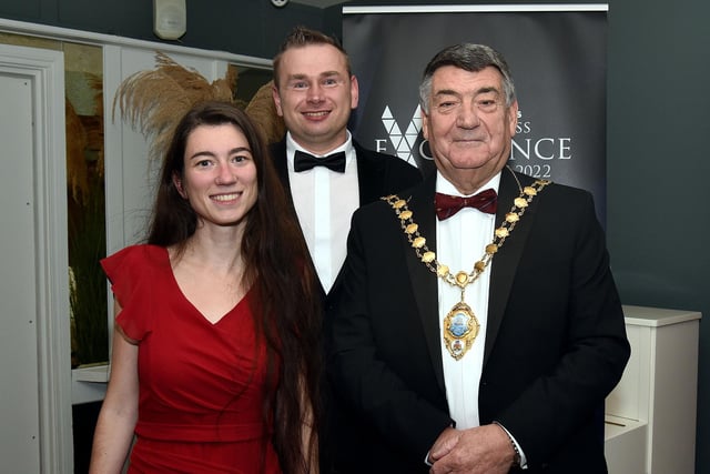 Mayor of Mid and East Antrim Borough Council, Alderman Noel Williams pictured with Emma Sachis and Marek Posnik. LT48-222.