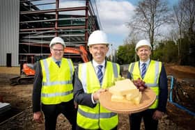 Northern Ireland dairy cooperative Dale Farm is investing £70million in its cheddar processing facility at Dunmanbridge.. Pictured are Dale Farm's Fred Allen, chair Nick Whelan, group chief executive and Chris McAlinden, group operations director. Credit: Dale Farm