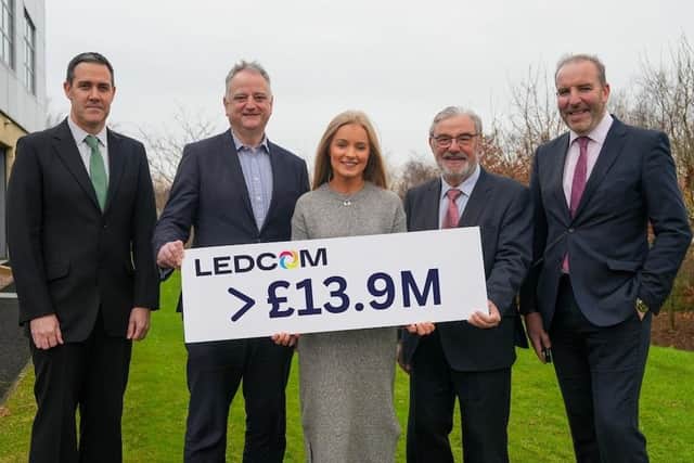 LEDCOM’s Annual Report has revealed that its support and facilities has helped towards the creation/safeguarding of 430 jobs in the MEABC and ANBC areas, and the economic impact of these roles has totalled almost £14M. The Annual Report was announced during LEDCOM’s Annual Business Networking Lunch last week. Pictured are, from left, guest speakers, Peter Morrow, Associate Director, Transportation, EUR – UK & Ireland, Aecom, John Healey, OBE, Chair of Invest NI, Catherine Anderson, Business and Marketing Executive at LEDCOM, Dr Norman Apsley OBE, Chairman of LEDCOM and Ken Nelson MBE, LEDCOM’s Chief Executive.  Photo: Supplied