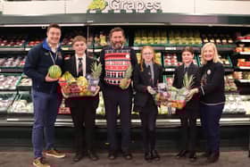 Gary Toner, HOD Design Technology at The High School Ballynahinch, H. McFerran (Year 10), Tom Sarsfield, Manager at Tesco Lisburn Bentrim Rd Superstore, S. McBride (Year 8), G. Truesdale (Year 9) and Ann Broome, Community Champion at the Tesco Lisburn Bentrim Rd Superstore.