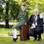 Helping the Mayor of Lisburn & Castlereagh City Council, Councillor Andrew Gowan, to launch the programme of events are Abbie McPoland and George Gowan. Photo by: MCAULEY_MULTIMEDIA