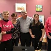 Una Mulgrew RNIB with artists L-R Ann McKeown, Frank Warwick, Torie Tennant, Patricia Mcgroggan Martin and Caryn Young