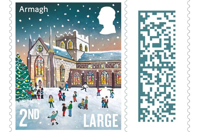 An original illustration of St Patrick’s Cathedral, Armagh (Church of Ireland) features on the 2024 second class Large Christmas stamp. Picture: Royal Mail