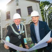 John McLernon, Provincial Grand Master, Freemasons of Antrim with Wallace Dunlop, building contractor at the new Masonic headquarters in Templepatrick.