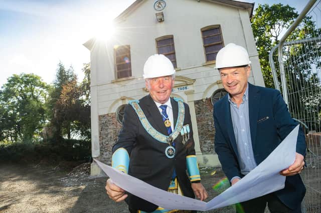 John McLernon, Provincial Grand Master, Freemasons of Antrim with Wallace Dunlop, building contractor at the new Masonic headquarters in Templepatrick.