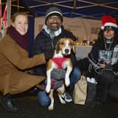 Mel, Subhu, and Eshana Swain with Olive at the Carryduff Christmas Market