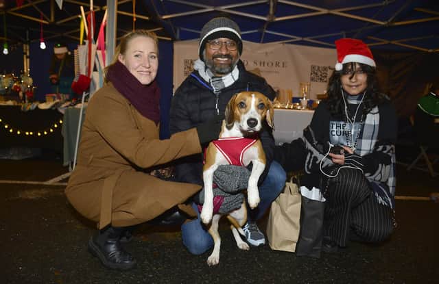 Mel, Subhu, and Eshana Swain with Olive at the Carryduff Christmas Market