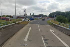 According to Traffic Watch NI in “Craigavon - traffic signals off on M12 off-slip at the Carn Roundabout (near Charles Hurst) - lengthy delays for traffic wanting to leave the Motorway here (08:45).” Photo courtesy of Google