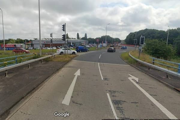 According to Traffic Watch NI in “Craigavon - traffic signals off on M12 off-slip at the Carn Roundabout (near Charles Hurst) - lengthy delays for traffic wanting to leave the Motorway here (08:45).” Photo courtesy of Google