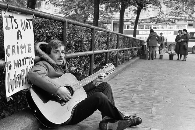 Sammy Close from Forthriver Road, Belfast, was strumming the unemployment blues and hoping to hit the right notes that would land him his first job in four years He is pictured outside Belfast City Hall in September 1982. He was hoping to emulate the success of a Londonderry man named Michael McCarron whose sit-down protest at the Guildhall had got him a job. Sammy told the News Letter: “I have tried everything else. I have applied for hundreds of jobs. I went to England and then to Dublin but there was nothing there. I did a bit of busking to get my fare back to Belfast.” He added: “People have been great – they have come over and talked to me, and even though I’m not collecting for myself, they have stuffed money into my pocket"