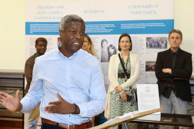 Agrippa Njanina community Engagement officer speaking at  the Launch of 'A world of Stories' organised by Causeway Coast and Glens Borough Council at Coleraine Town Hall