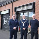 Ald Stephen Ross, Cllr Mark Cooper BEM and Alan Johnston (Development Manager Monkstown Community Forum) at the launch of the shopfront scheme.
