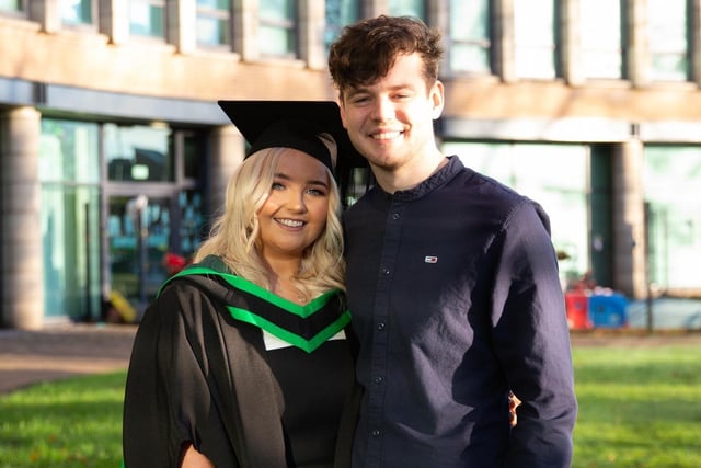 South West College (SWC) Dungannon campus graduate Emma Conlon from Galbally, with her partner celebrating her achievements on the Ulster University Foundation Degree in Engineering (with specialisms)