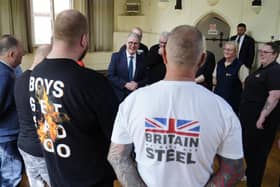 Prime Minister Sir Keir Starmer during a visit to meet British Steel workers in Appleby Village Hall near Scunthorpe, Lincolnshire. Photo: Peter Byrne/PA Wire