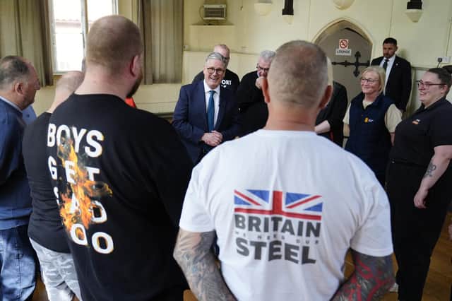 Prime Minister Sir Keir Starmer during a visit to meet British Steel workers in Appleby Village Hall near Scunthorpe, Lincolnshire. Photo: Peter Byrne/PA Wire