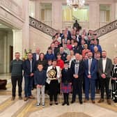 MLA Diane Dodds welcomes Drumlough Pipe Band to Stormont