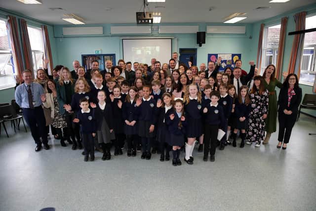 The Westminster delegation pictured at Forge Integrated Primary School. Picture: Declan Roughan