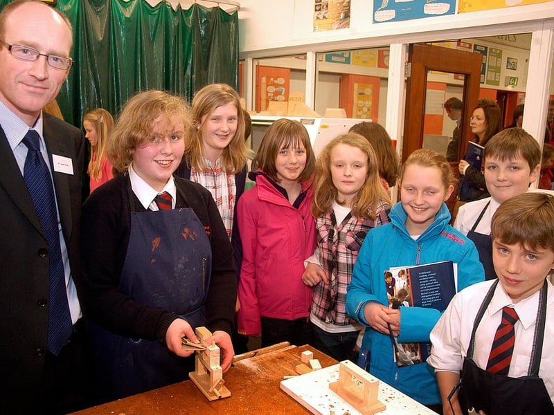 Ballymena Academy pupils Rachel, Johnny and Jack show of their manual work skills under the supervision of teacher Mr Turtle, Head of Technology at the open evening in the Academy in 2011. INBT 03-816H