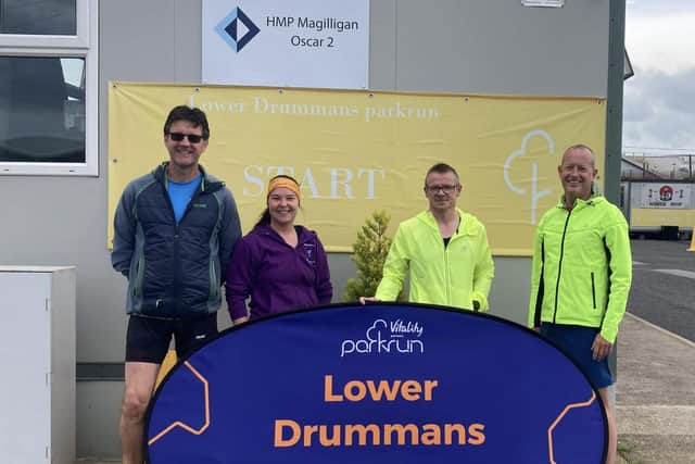 David McGaffin, Deborah McPhee, Rodney McPhee and Adrian Finlay at the Lower Drummans Parkrun. Credit David McGaffin