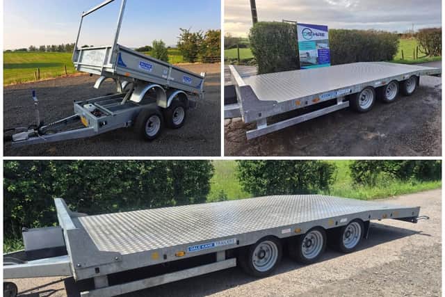 A 5ft x 8ft tipping trailer, a two Dale Kane 16ft low loaders were stolen along with a red Honda TRX quad bike and a large sum of cash were reported stolen at Moorfields near Ballymena.
