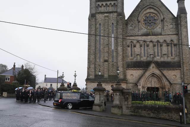 Family and friends gather for the funeral of Mary Duffy at St Patrick's Church in Dungannon. Picture: Pacemaker
