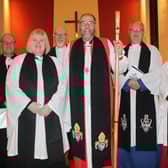 At the Service of Introduction in All Saints, Craigyhill, are, from left: The Rev Canon William Taggart, Registrar; the Rev Arlene Moore, new priest-in-charge of Kilwaughter and Cairncastle with All Saints, Craigyhill; the Rev Alan Lorimer, Methodist Church in Ireland, who preached; Bishop George Davison; the Rev Canon Mark Taylor, Rural Dean and the Ven Paul Dundas, Archdeacon of Dalriada.