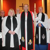 At the Service of Introduction in All Saints, Craigyhill, are, from left: The Rev Canon William Taggart, Registrar; the Rev Arlene Moore, new priest-in-charge of Kilwaughter and Cairncastle with All Saints, Craigyhill; the Rev Alan Lorimer, Methodist Church in Ireland, who preached; Bishop George Davison; the Rev Canon Mark Taylor, Rural Dean and the Ven Paul Dundas, Archdeacon of Dalriada.