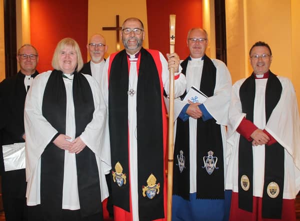 At the Service of Introduction in All Saints, Craigyhill, are, from left: The Rev Canon William Taggart, Registrar; the Rev Arlene Moore, new priest-in-charge of Kilwaughter and Cairncastle with All Saints, Craigyhill; the Rev Alan Lorimer, Methodist Church in Ireland, who preached; Bishop George Davison; the Rev Canon Mark Taylor, Rural Dean and the Ven Paul Dundas, Archdeacon of Dalriada.