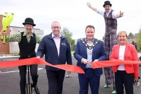 Mayor of Antrim and Newtownabbey, Cllr Mark Cooper BEM is joined by Andy Clement, Department for Communities and Jacqui Dixon MBE, Chief Executive of Antrim and Newtownabbey Borough Council. (ANBC).