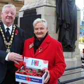 Mayor Cllr Stephen Callaghan with Poppy Appeal organiser Breeze Galbraith. Credit Causeway Coast and Glens Council