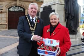 Mayor Cllr Stephen Callaghan with Poppy Appeal organiser Breeze Galbraith. Credit Causeway Coast and Glens Council