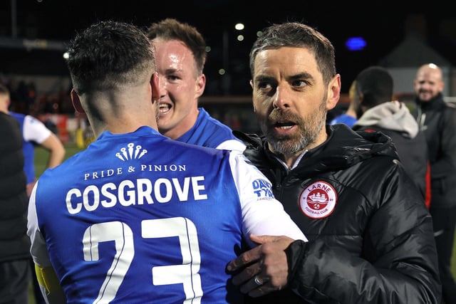 Larne manager Tiernan Lynch with Tomas Cosgrove after Friday evening's game at Seaview.  Photo by David Maginnis/Pacemaker Press