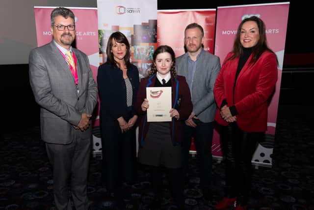 Lydia Frew from Dalriada School, Ballymoney, was awarded joint 2nd Place for GCSE Best Animation Film by Grainne Owl from Paper Owl Films along CCEA’s Michael Crossan, NI Screen’s David McConnell and Cinemagic’s Joan Burney at the 2022 Moving Image Arts Showcase.