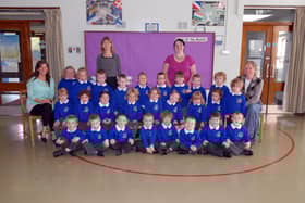 Knockmore Primary School P1 pupils along with teachers Mrs Pamela Jones and Mrs Elizabeth Stuttard and classroom assistants Miss Ellie Sterling and Mrs Sharon Johnston in 2012