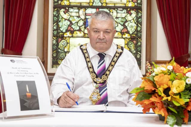 The Mayor of Causeway Coast and Glens Borough Council, Councillor Ivor Wallace, has opened a Book of Condolence in memory of those killed in the Creeslough tragedy. Members of the public can sign the book in Coleraine Town Hall or an online version is also available.