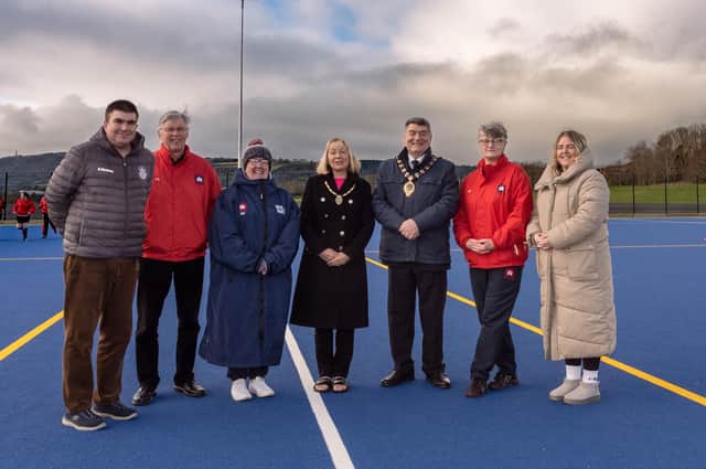 James Maxwell, principal of Carrickfergus Grammar School; Peter Stevenson, co-president of Castle Hockey Club; Nicola Hartley, club captain; the Mayor and Mayoress, Alderman Noel and Sheila Williams; Alyson Douglas, club chairperson; and Tracy Hall, club vice-chairperson.