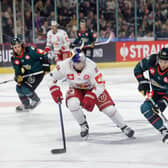 Belfast Giants’ Ara Nazarian with Red Bull Salzburg’s Dennis Robertson during Tuesday’s CHL game at The SSE Arena, Belfast.   Photo by William Cherry/Presseye