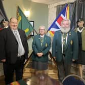 Attending The King's coronation dinner at Larne Branch UDR CGC Association dinner are Councillor Gregg McKeen (left) with the president, Patricia Bresland and chairman Norman Gray. Picture: Larne branch UDR Association.