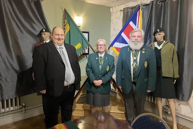 Attending The King's coronation dinner at Larne Branch UDR CGC Association dinner are Councillor Gregg McKeen (left) with the president, Patricia Bresland and chairman Norman Gray. Picture: Larne branch UDR Association.