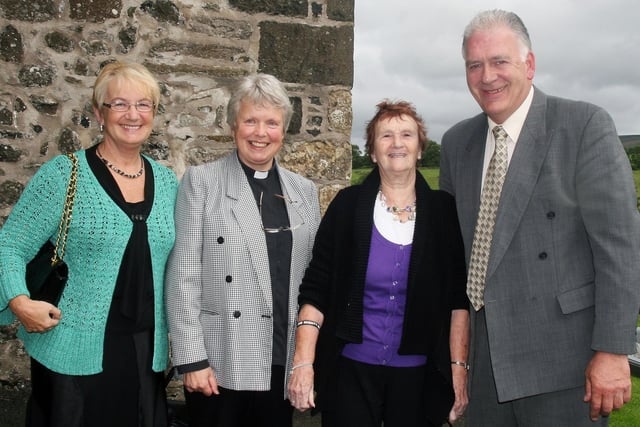 Rev. Frances Bach, Rector of St. Patrick's Parish Church, Armoy, and Bill Kennedy, Clerk of the Course, welcome Mrs. May Dunlop and her daughter, Mrs. Linda Laverty to the Bikers' Service back in 2010