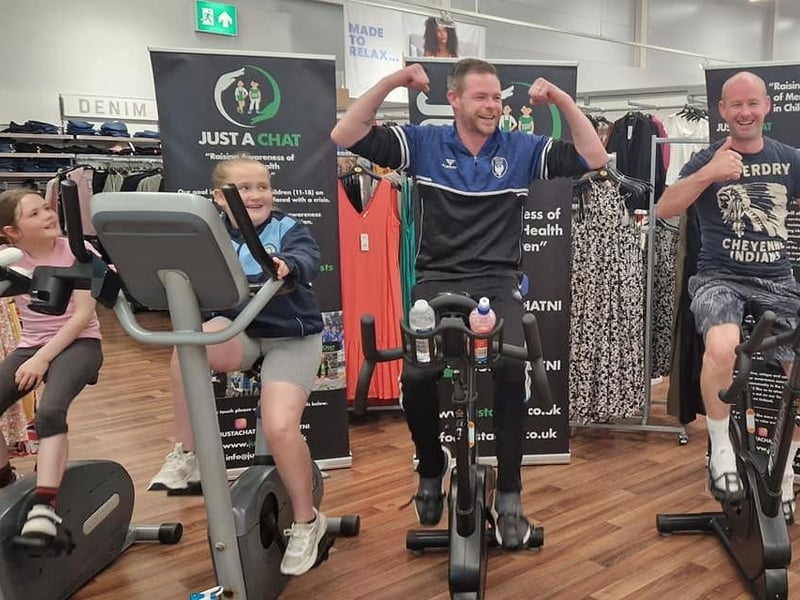 A happy quartet taking part in the charity cycle event at Asda in Portadown to raise funds for local charity Just A Chat which was set up to raise awareness and combat the stigma of mental health for youths. The team helped cycle 282 miles.