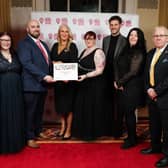 L-R Anne Thompson, Pamela Minford and Trevor Glass from Antrim Community Fridge, Lynda Surgenor, Live Here Love Here Manager, Celena Duggan from Antrim Community Fridge, Keep Northern Ireland Beautiful Chairperson Aaron Ward, Alix Curran and David Glass from Antrim Community Fridge.
