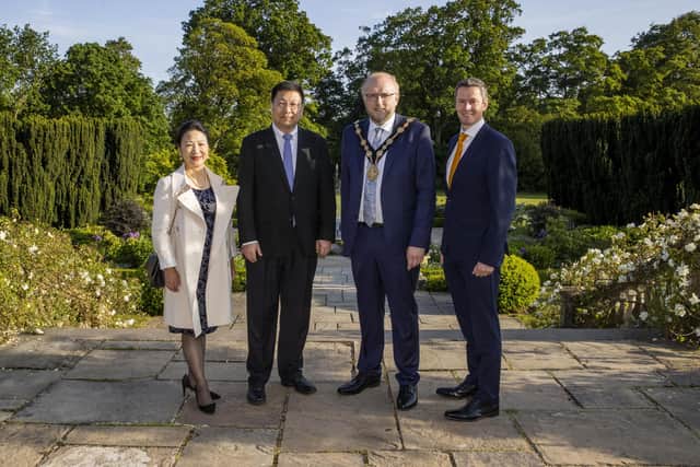 Consul General of the Chinese Consulate General in Belfast, Madam Meifang Zhang; Mayor of Foshan City Government,  Mr Bai Tao;  Mayor of Lisburn & Castlereagh City Council (LCCC), Councillor Andrew Gowan and Chief Executive of LCCC, Mr David Burns. Pic credit: Lisburn and Castlereagh City Council