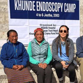 Dr Amrita Gurung (second from right) pictured with patients and a colleague at the Khunde Endoscopy Camp in Nepal